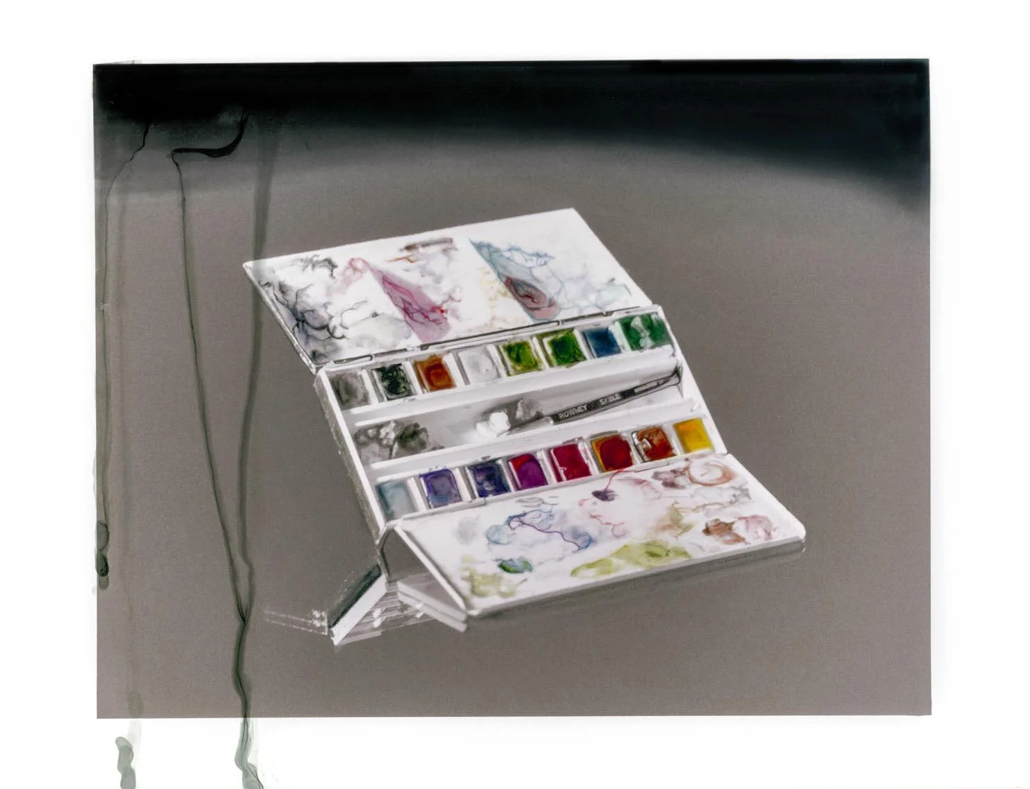 Working Palette #10 2023, black and white silver gelatin prints, dry mounted on board, hand coloured and retouched with photographic dye, 30.5cm. x 40.6cm 
