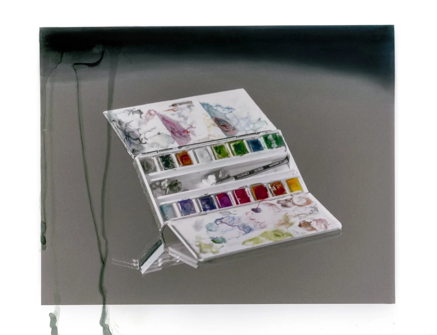 Working Palette #1-9, 2023, black and white silver gelatin prints dry mounted on board, hand coloured and retouched with photographic dye, 30.5cm. x 40.6cm 