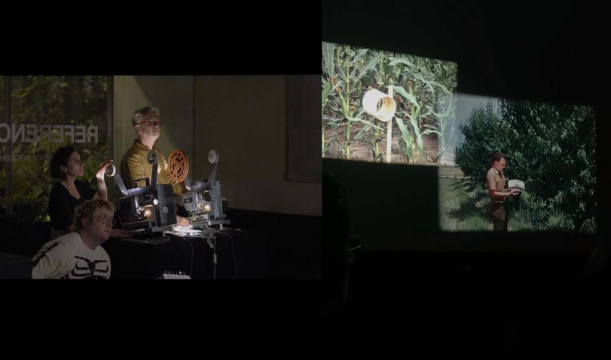 Documentation from DOMESTIC and the dispersion of its contents, Reference Point, 2025 - 16mm projection performance with David Leister and Freddy Lomas (Kinn, Rochemann)
Image credit: Ramona Güntert and Wojciech Kawczyk