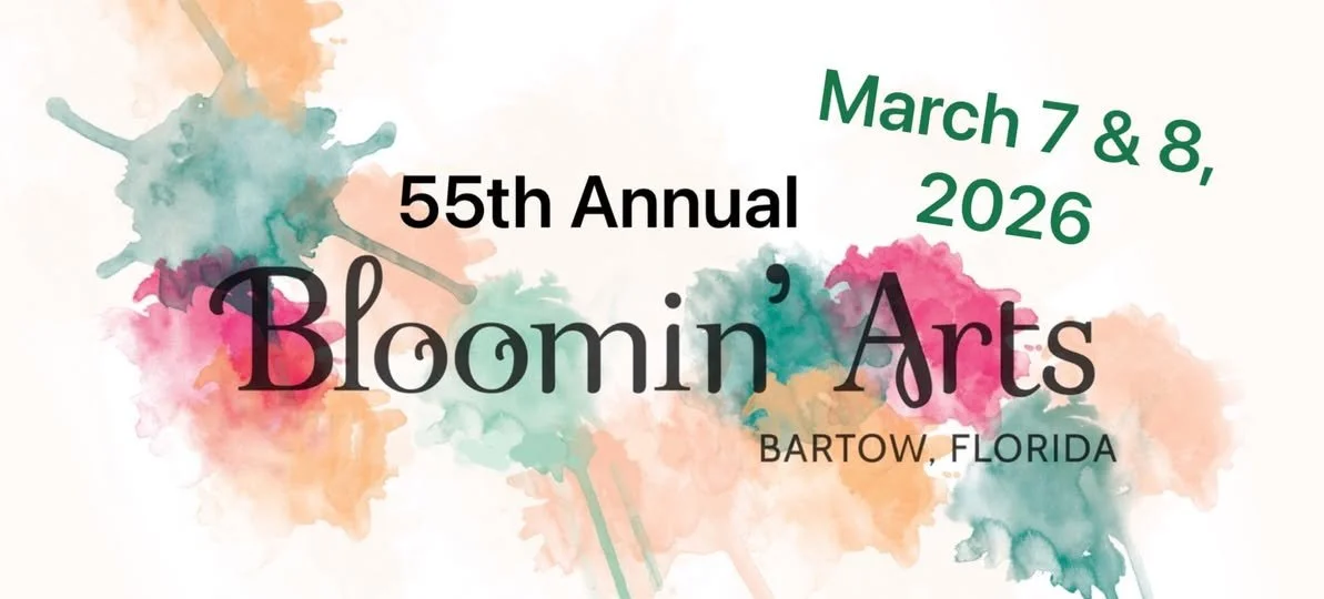 Watercolor splash background with text promoting the 55th Annual Bloomin' Arts event on March 7 and 8, 2026, in Barton, Florida.