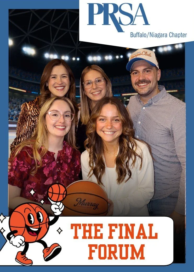 Group of five smiling young adults posing in a sports arena, with a woman holding a basketball, promotional graphics for PRSA Buffalo/Niagara Chapter, featuring a cartoon basketball character and text "The Final Forum."
