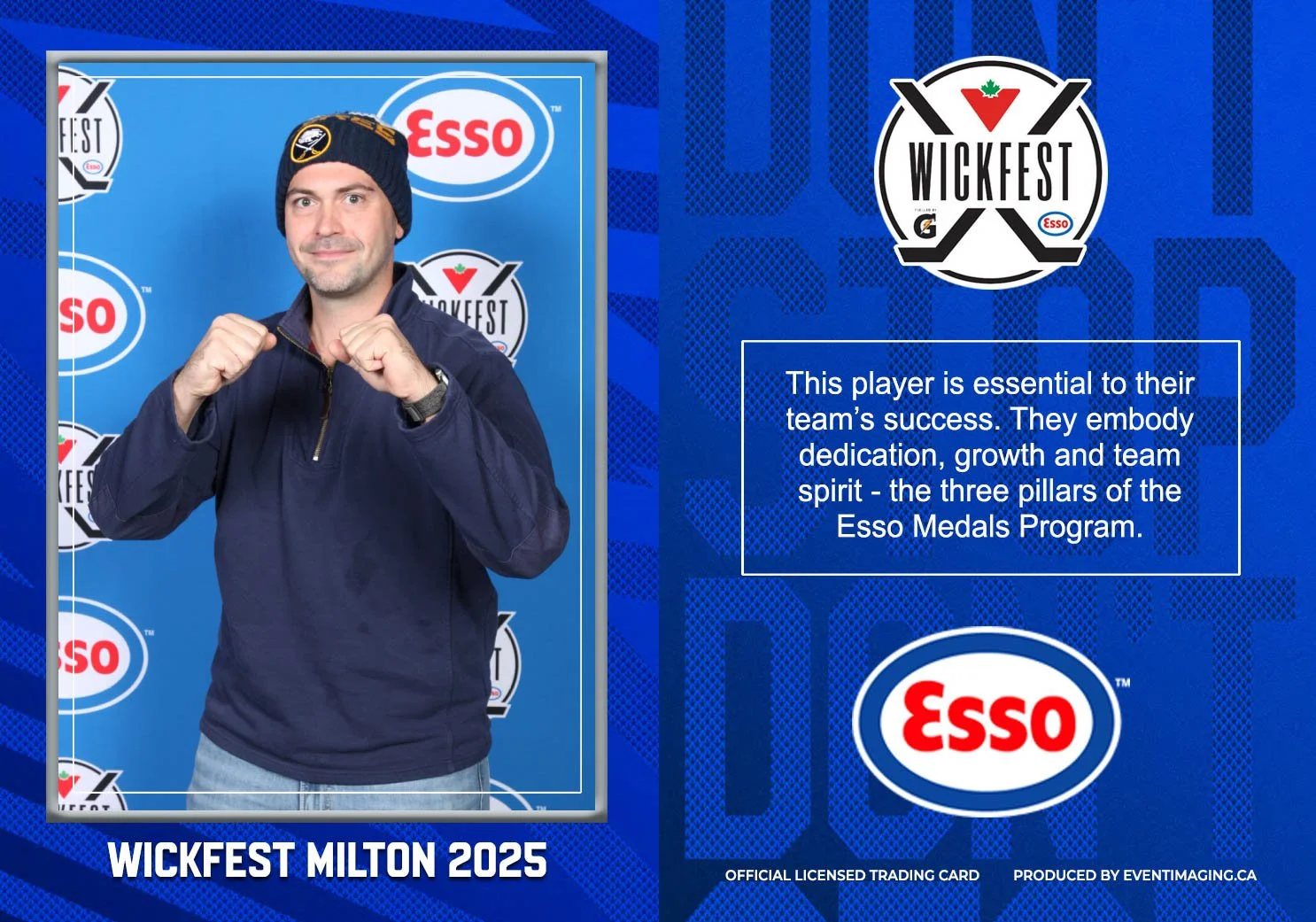 A man in a navy blue jacket and a Wolf Pack beanie poses with fists raised in front of a blue background with logos of Esso and Wickfest Milton 2025, an official trading card with a message about a team player and the Esso Medals Program.