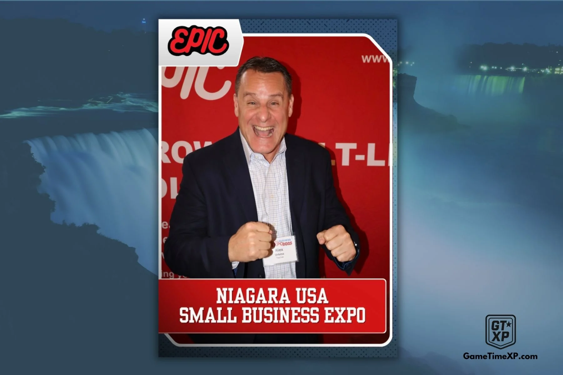 A promotional poster for the Niagara USA Small Business Expo features a man in a suit smiling and holding a badge, with a Niagara Falls background and the event details in red and white text.