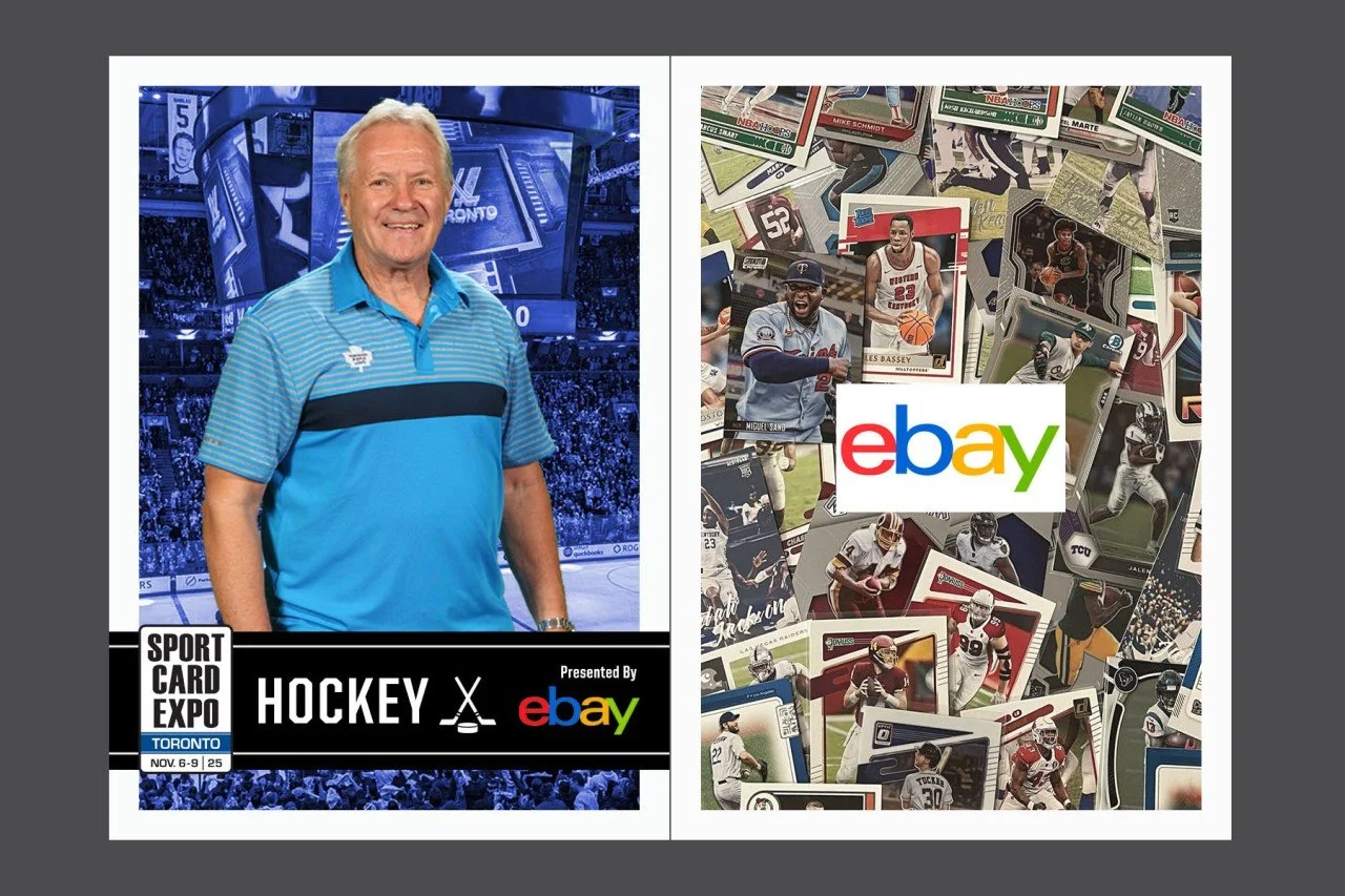 Promotion for the Sport Card Expo in Toronto, presented by eBay, featuring a smiling older man in a blue striped polo shirt at an ice hockey event on the left, and a collage of sports trading cards with the eBay logo on the right.