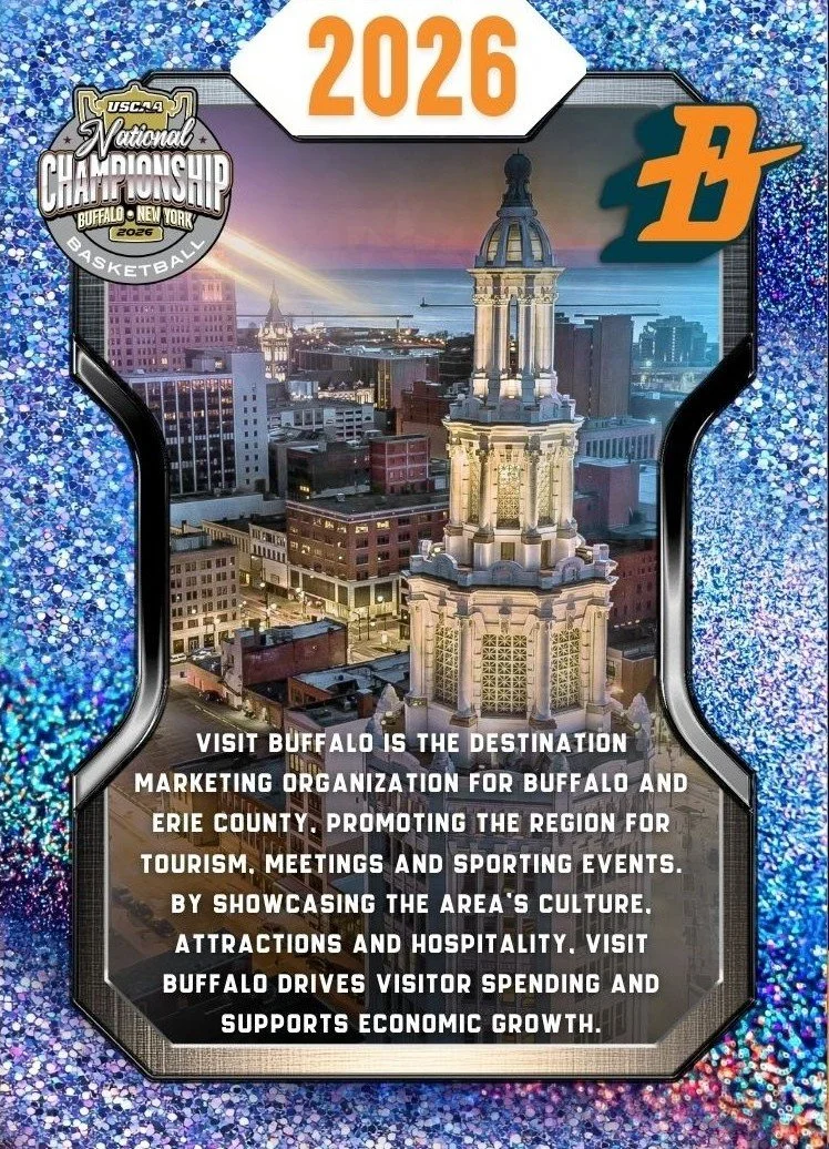 A promotional poster for Buffalo, New York's 2026 national basketball championship. The poster features a cityscape with a prominent historic building, a sunset sky, and glittery borders. The text highlights Buffalo as a tourism and economic growth destination, promoting attractions, hospitality, and regional culture.