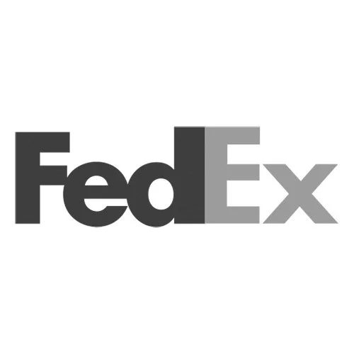 FedEx logo with black and gray lettering.