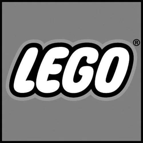 LEGO logo in black and white on a gray background.