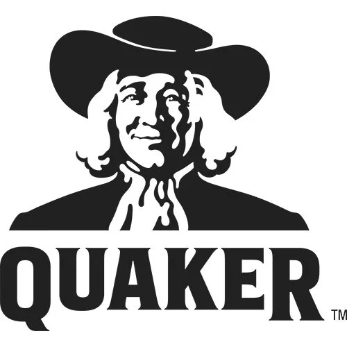 Silhouette of a person with long hair wearing a hat, with the word 'QUAKER' below.