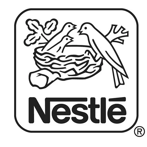 Nestlé logo with a bird's nest containing three chicks, surrounded by a branch, with a butterfly flying nearby.