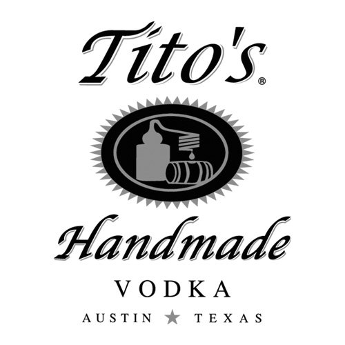 Black and white logo for Tito's Handmade Vodka with text and graphic of a still