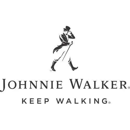 Logo with a silhouette of a man walking with a cane, wearing a hat and coat, and text that reads "Johnnie Walker" and "Keep Walking."