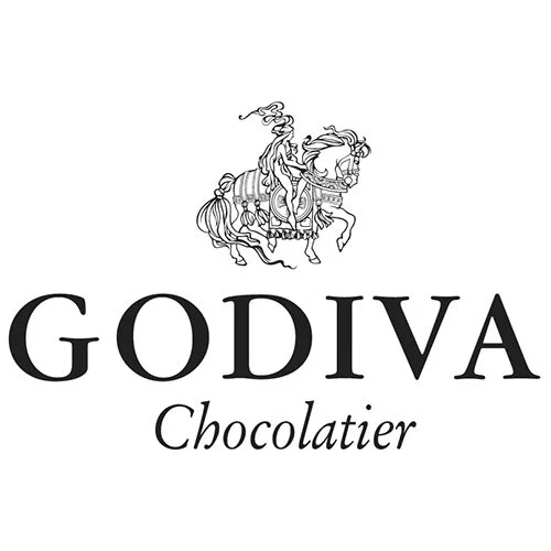A logo featuring an ornate, vintage-style horse with a rider, positioned above the words 'GODIVA Chocolatier' in elegant text.