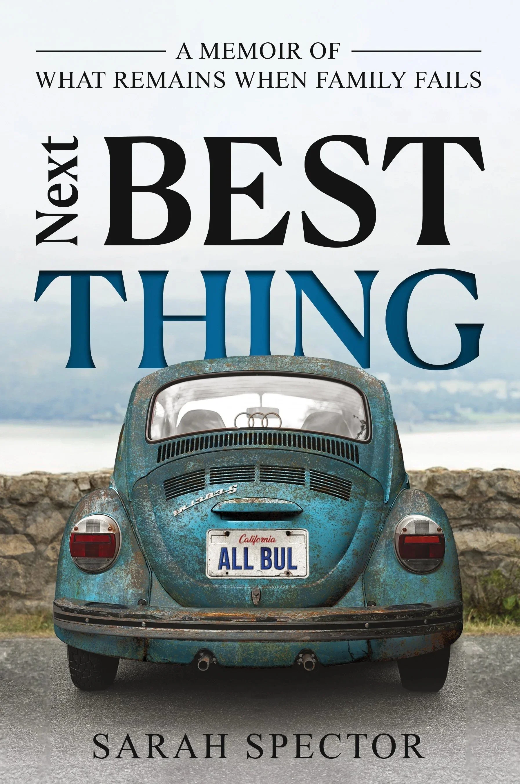 Book cover titled 'Next Best Thing' by Sarah Spector, featuring the rear of a rusty, vintage blue Volkswagen Beetle with a California license plate reading 'ALL BUL' against a backdrop of a stone wall and cloudy sky.