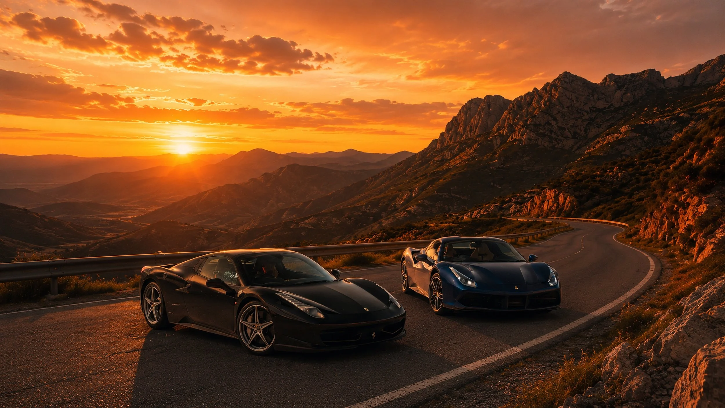 Two luxury sports cars, one black and one blue, parked on a winding mountain road during sunset, with a dramatic sky and rocky mountain landscape in the background.