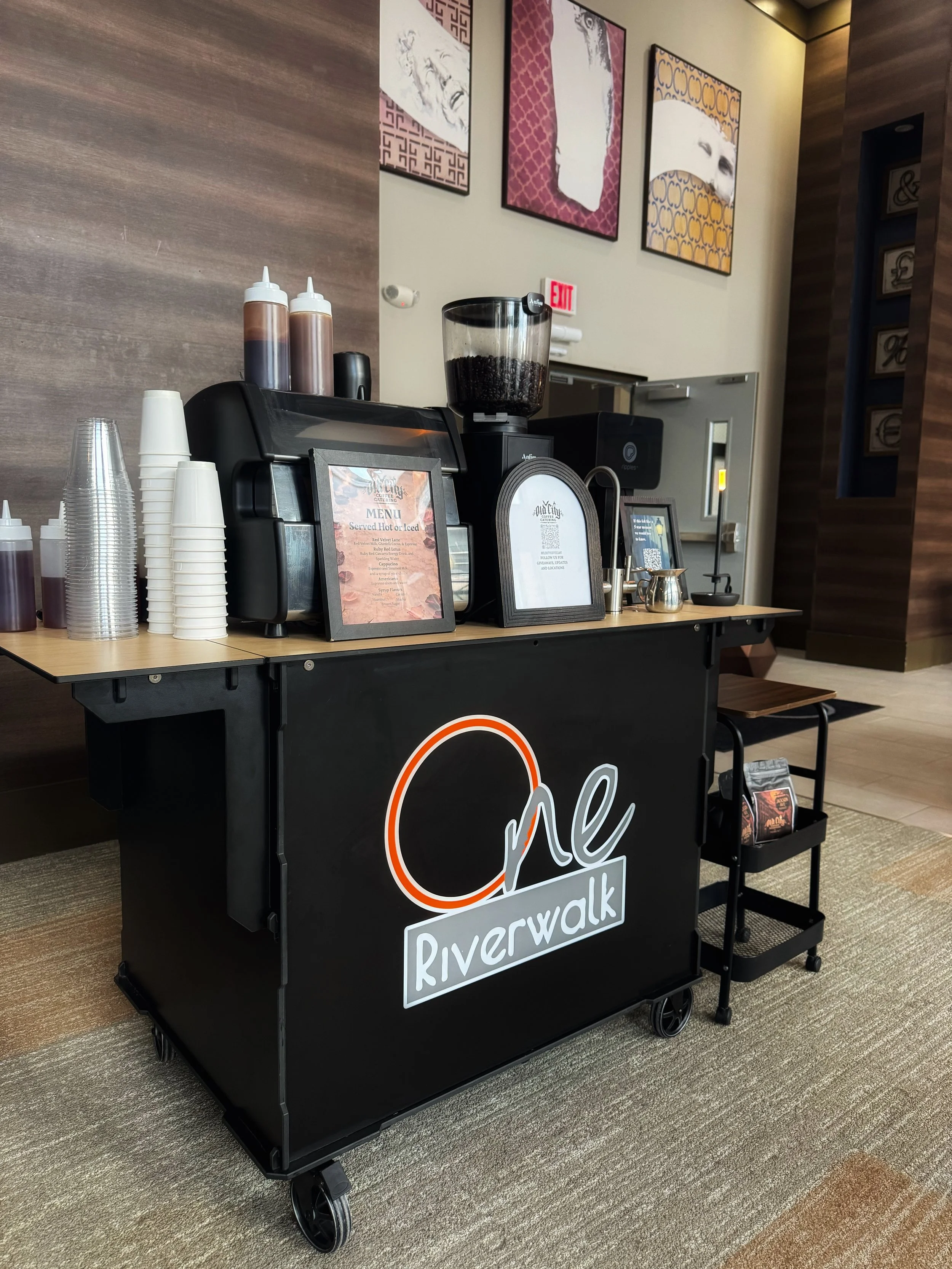 A mobile coffee cart set up for service at an event in Knoxville, Tennessee.