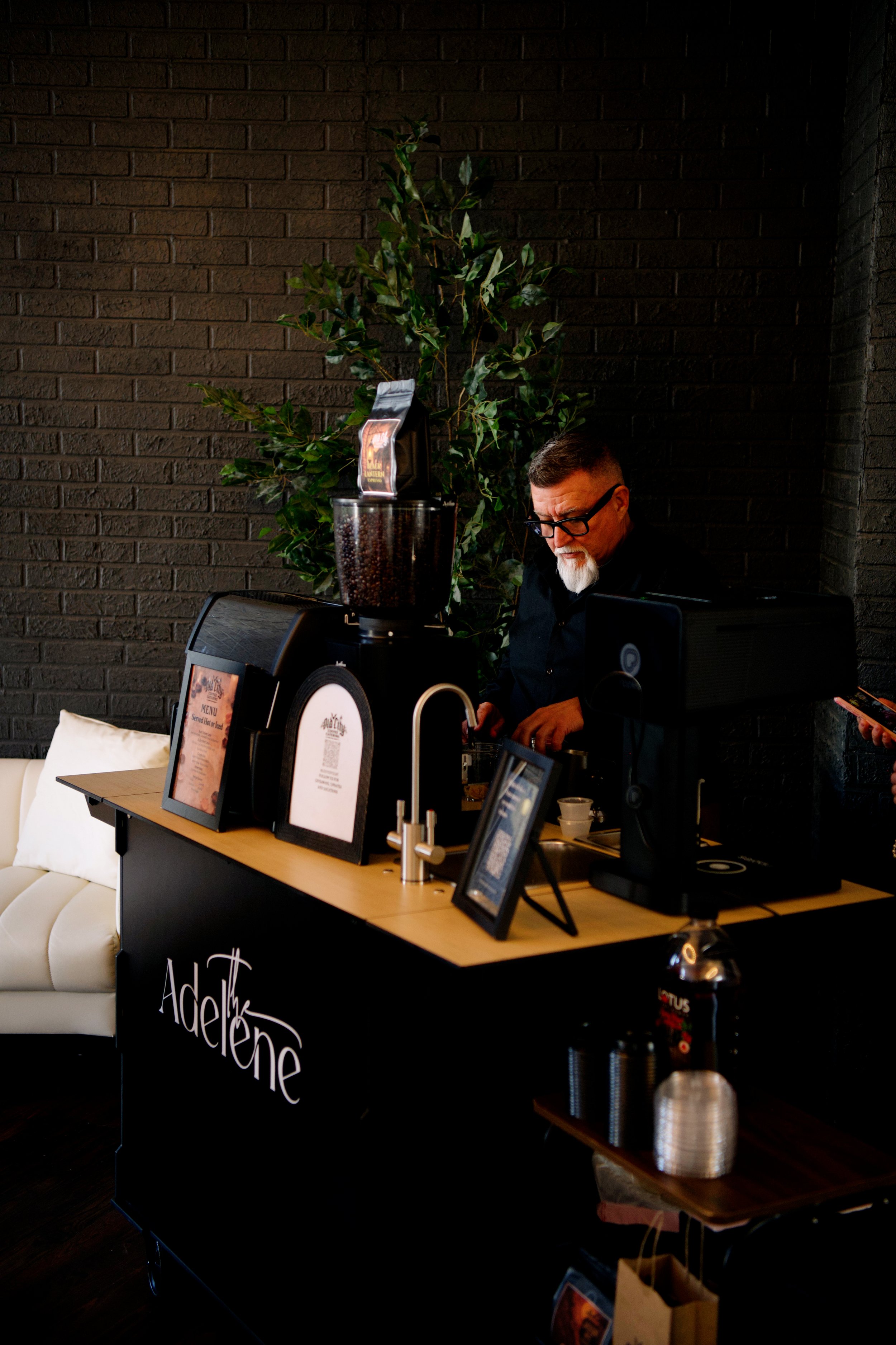 Old City Coffee Cart mobile espresso bar setup at Adelene Event Center in Knoxville Tennessee for wedding and corporate event catering.