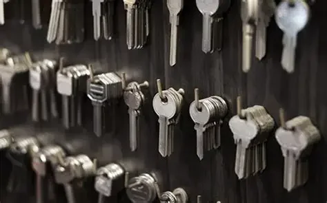 A wall of keys hanging on hooks in a lock and key store.