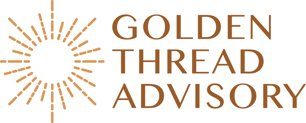 Logo with a stylized sunburst and the words "Golden Thread Advisory" in brown text.