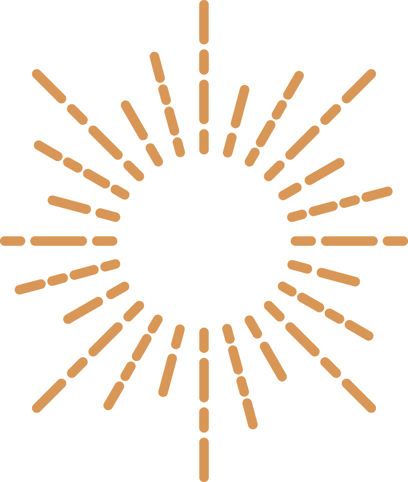 An abstract circular design with dashed brown lines radiating outward on a white background.