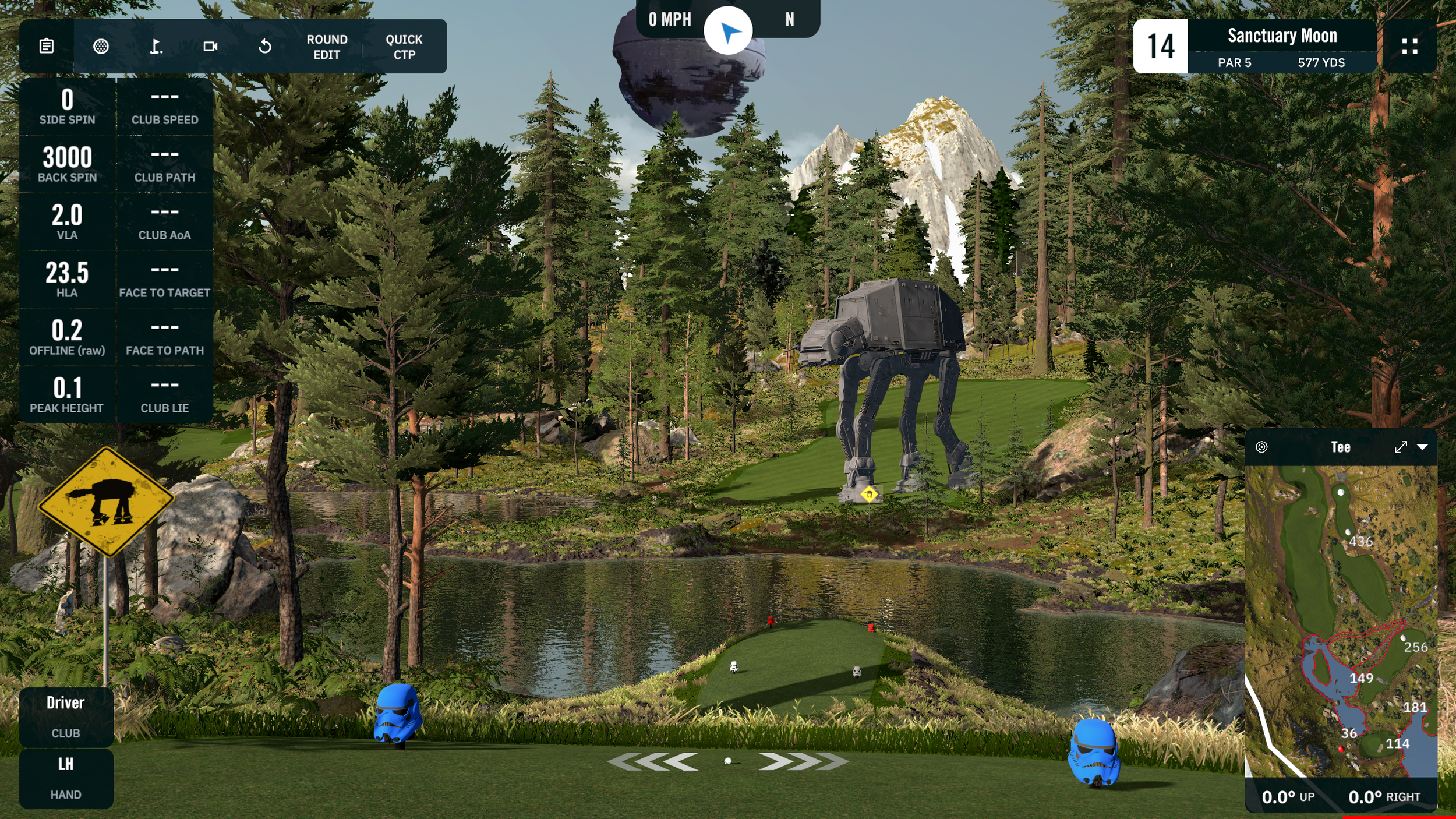 Golf video game screen showing a tee shot on Hole 14, Sanctuary Moon, a par 5, 577 yards. The scene features a forested landscape with a pond, a large AT-AT walker from Star Wars, and a floating planet in the sky. The game interface displays shot det