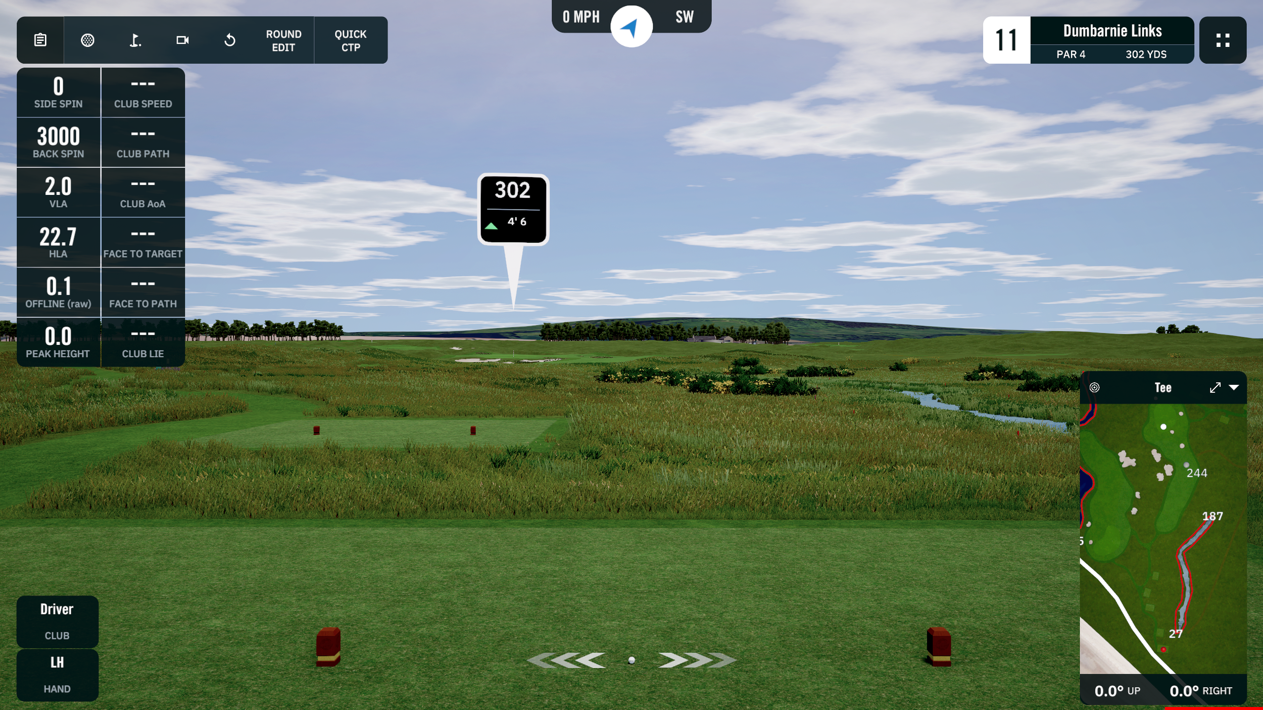 Golf simulator screen showing a view from the tee box on hole 11 at Dumbarnie Links, a par 4, 302-yard hole, with a digital map of the hole on the bottom right and various game data on the left side.