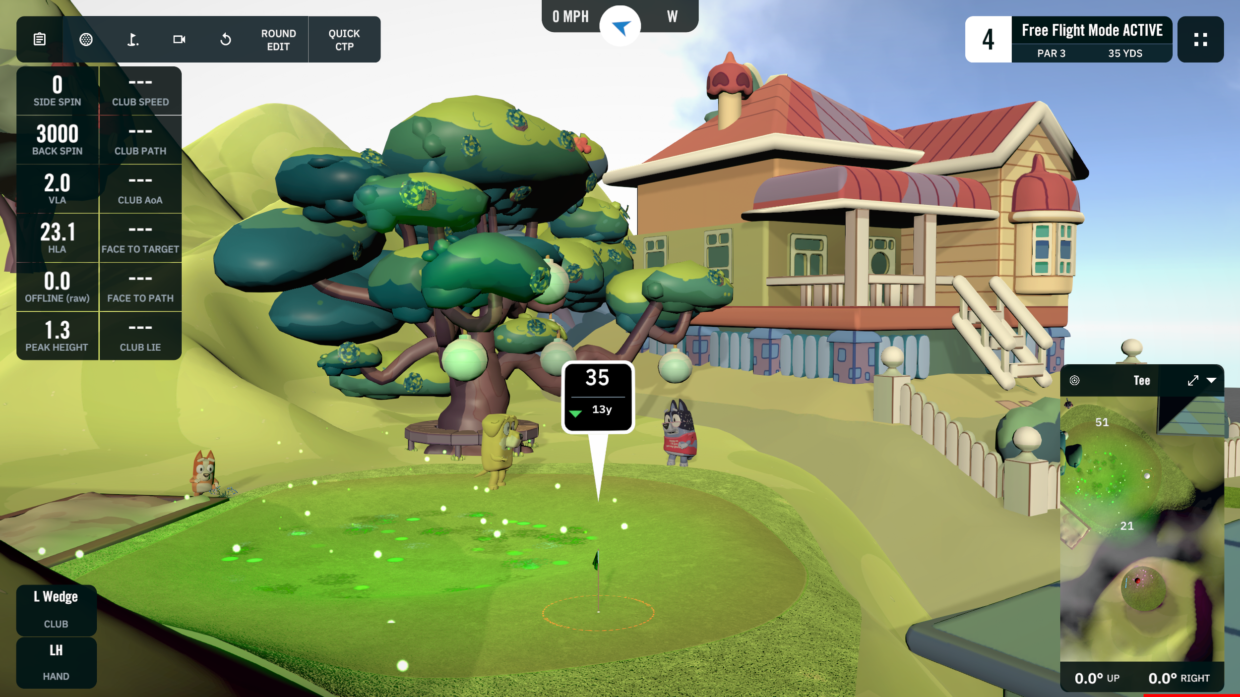 A virtual golf game interface showing the player's current shot at a Bluey themed course with a house, trees, and hills in the background. The screen displays shot data, a mini-map, and various control options.