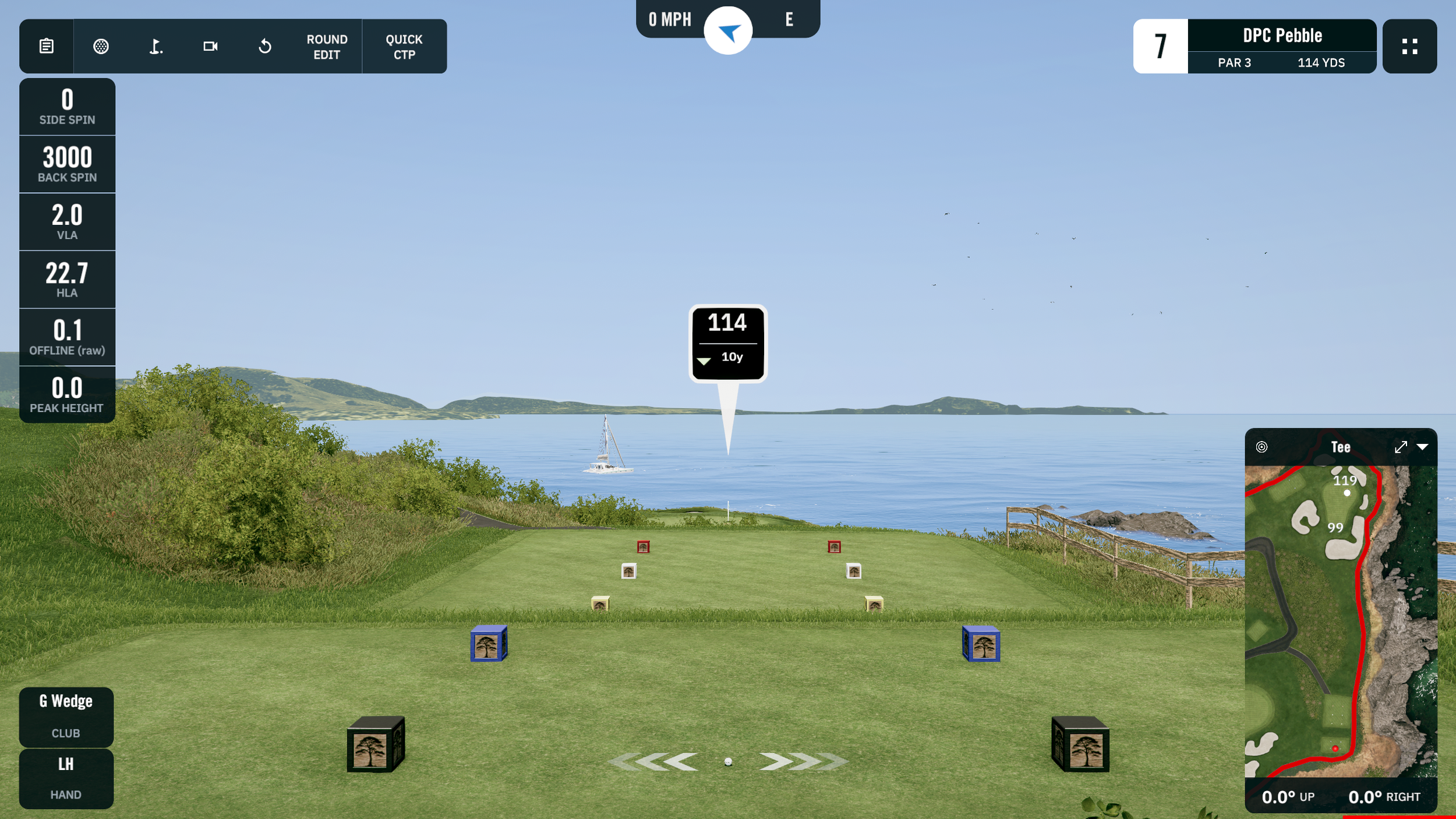 Golf hole #17 at Pebble Beach. View overlooking water with a sailboat, displaying a shot distance of 114 yards to the hole, with digital overlays of golf data and a mini-map of the course.