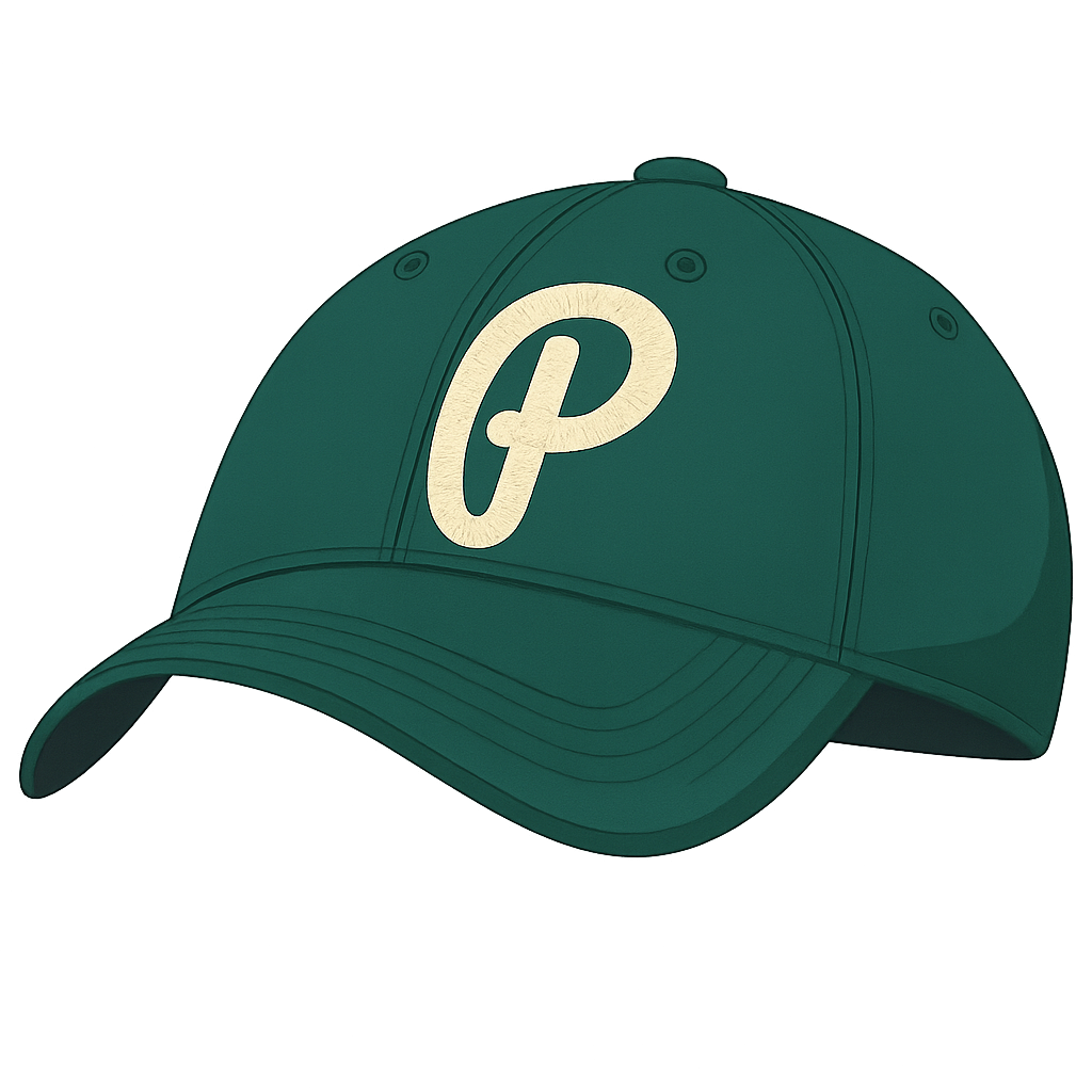 A dark green baseball cap with a cream-colored embroidered 'P' logo on the front.