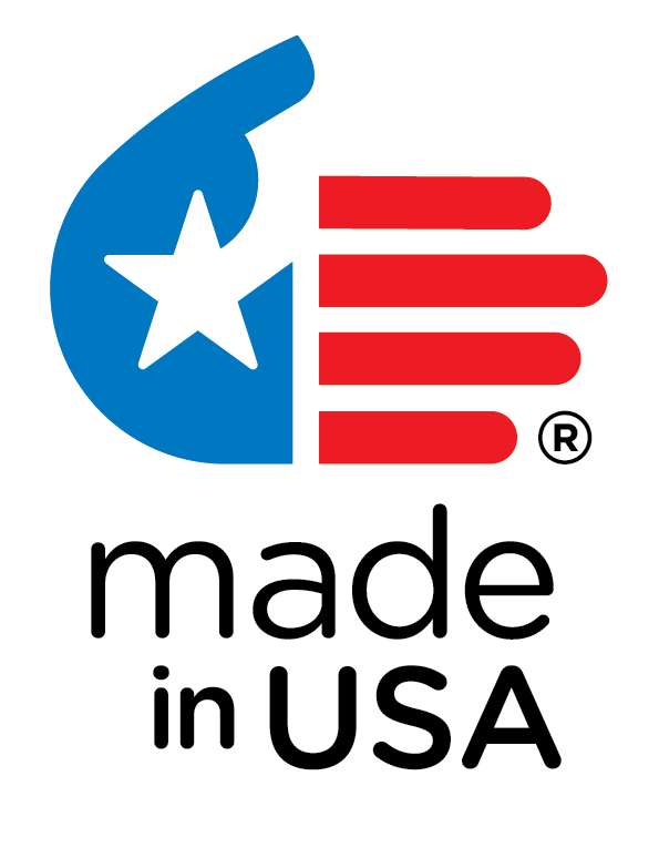 A logo featuring a blue left half with a white star and a red right half with four horizontal stripes, followed by the text "made in USA" in black.