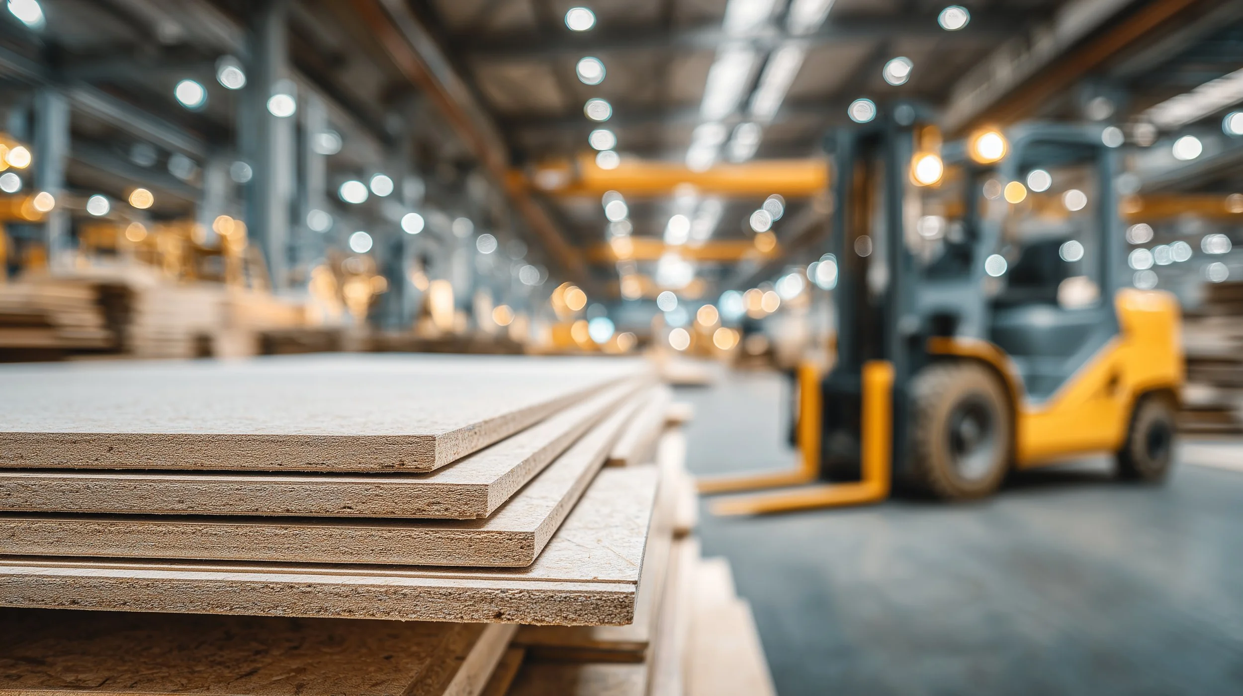 Wooden boards stacked in a warehouse with a forklift in the background.