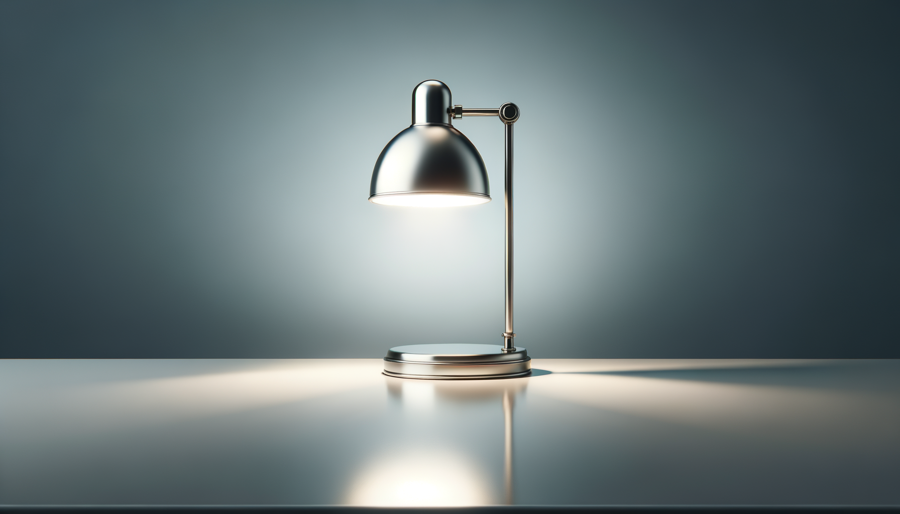 A modern metallic desk lamp turned on and illuminating a white surface with a dark background.