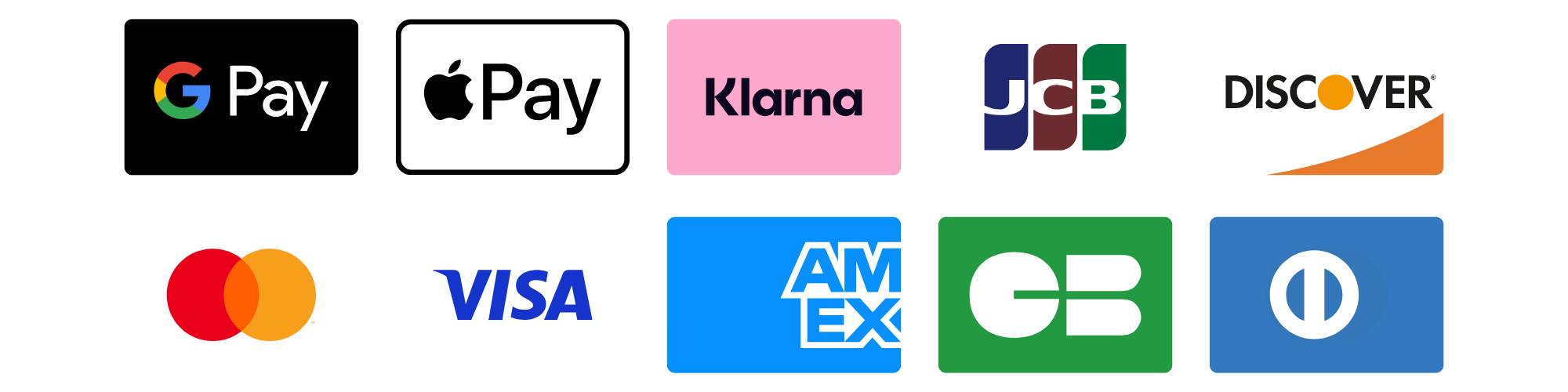 Grid of various payment service logos including Google Pay, Apple Pay, Klarna, JCB, Discover, Mastercard, VISA, American Express, Google Pay, and other payment options.