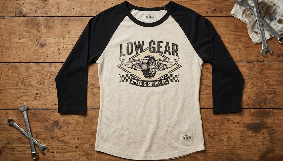 Gray and black long sleeve T-shirt with 'LOW GEAR SPEED & SUPPLY CO.' graphic and winged tire design, laid flat on a wooden surface with wrenches nearby.