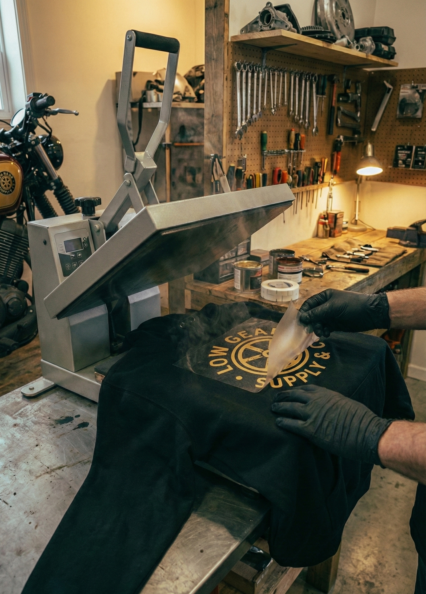 A person wearing black gloves is applying a heat transfer or decal to a black t-shirt that has a logo reading 'LOW GEAR SUPPLY & CO.' The workspace includes a heat press machine, cans of ink or paint, a workbench with various tools, and a pegboard with wrenches and other tools hanging on it, in a garage or workshop setting.