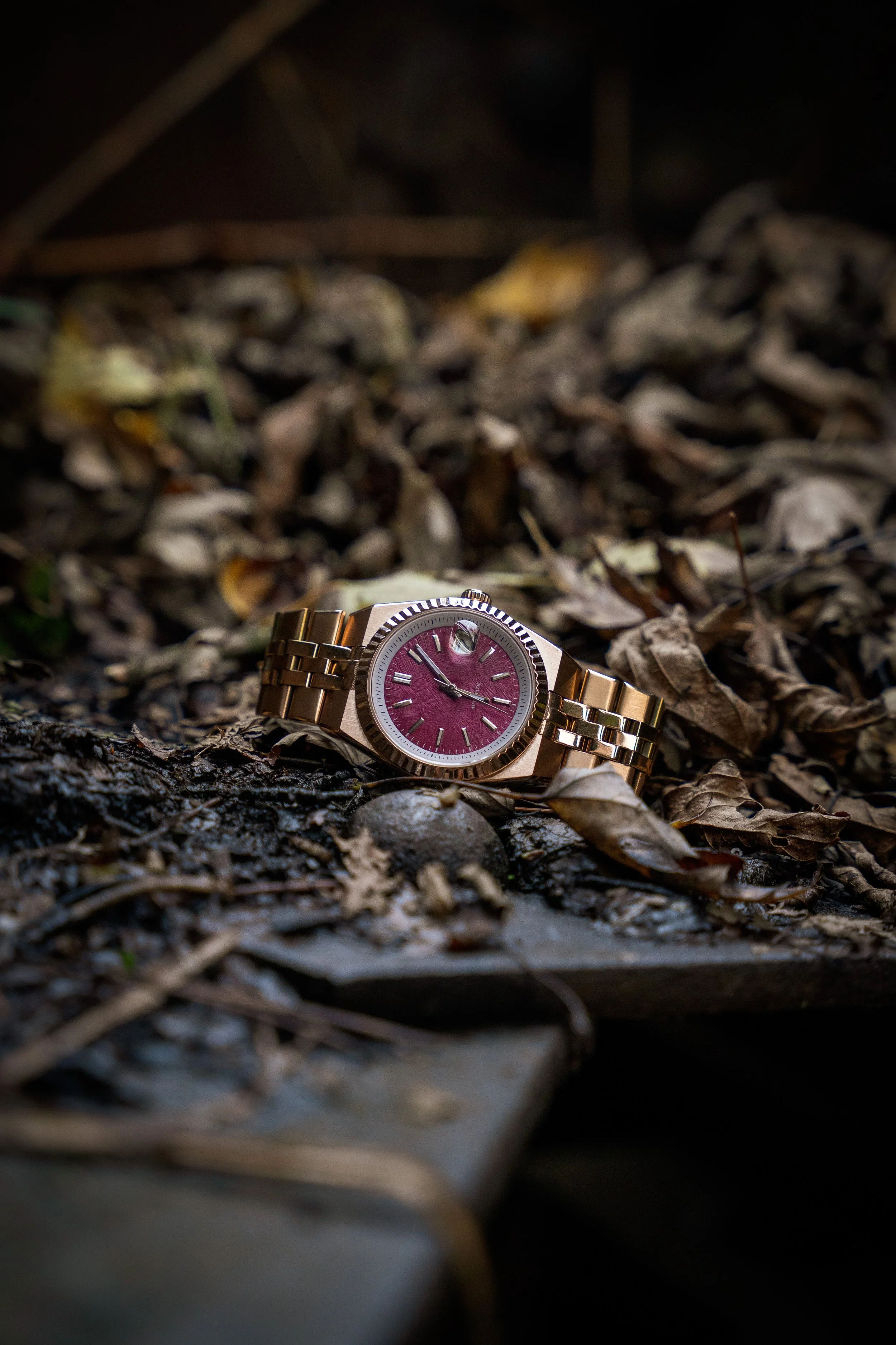 A gold wristwatch with a pink dial resting on a bed of leaves and dirt, with a blurred background.