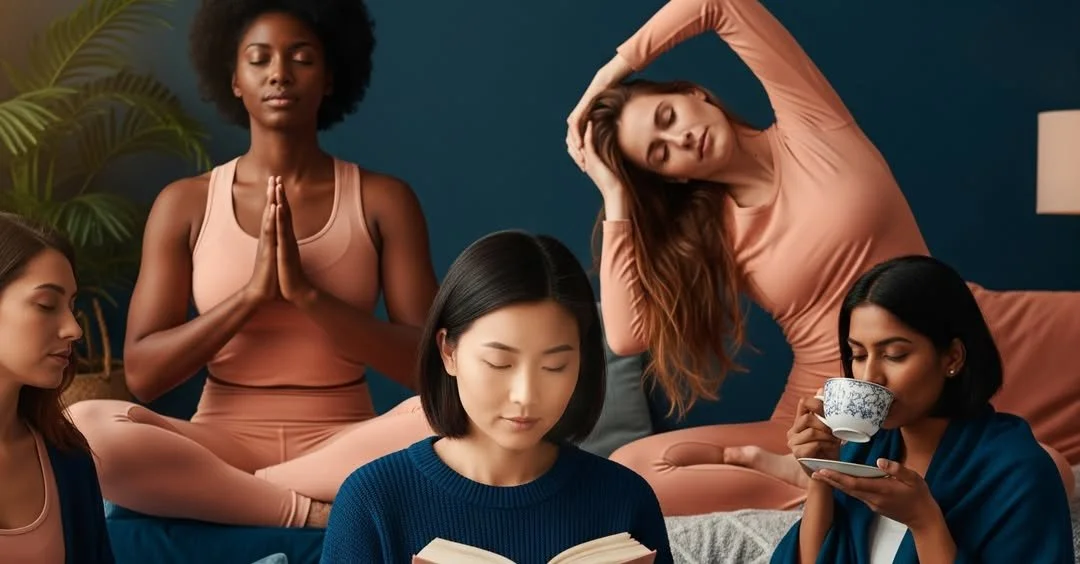 Five women practicing yoga and meditation in a cozy living room. One woman is sitting cross-legged, meditating with hands together, while the others are relaxing, reading, and drinking tea.