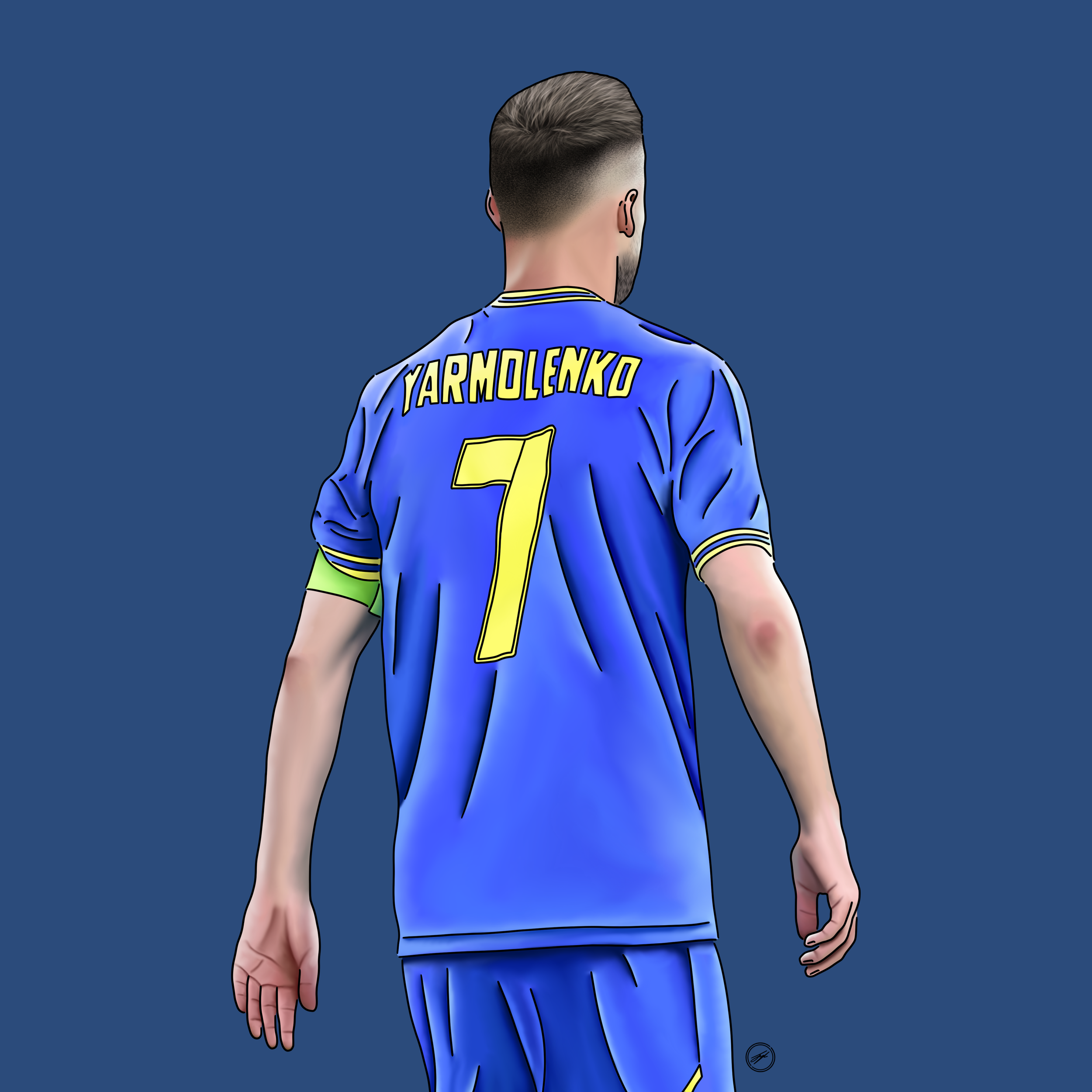 Back view of a soccer player in a blue jersey with the name Yarmolenko and number 7, standing against a blue background.