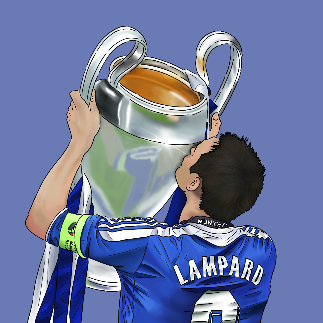 A soccer player wearing a blue jersey with the name Lampard and the number 8, holding a large silver trophy above his head.