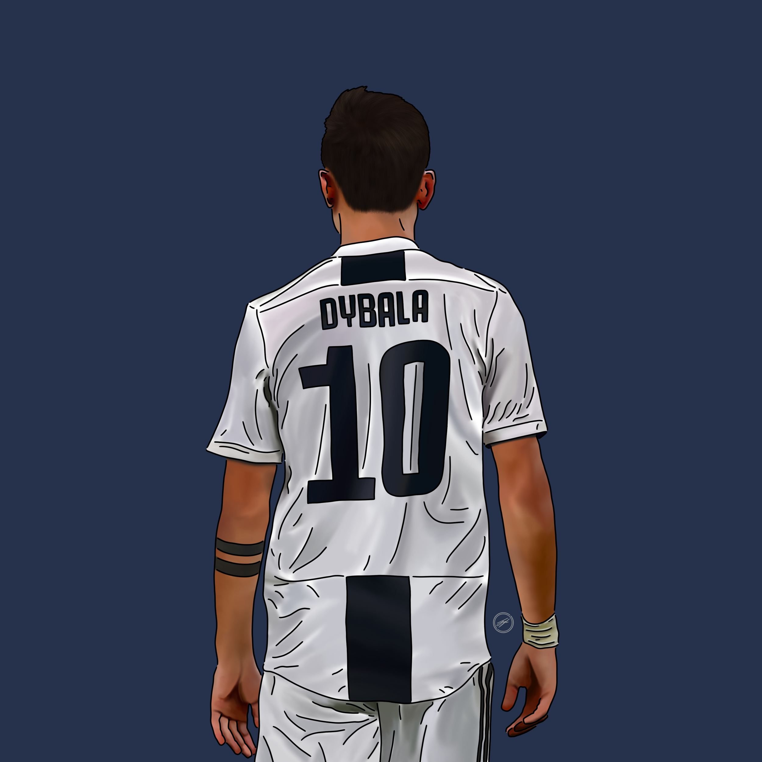 Digital illustration of a male athlete from behind wearing a white and black soccer jersey with the name Dybala and the number 10 on back, on a dark blue background.