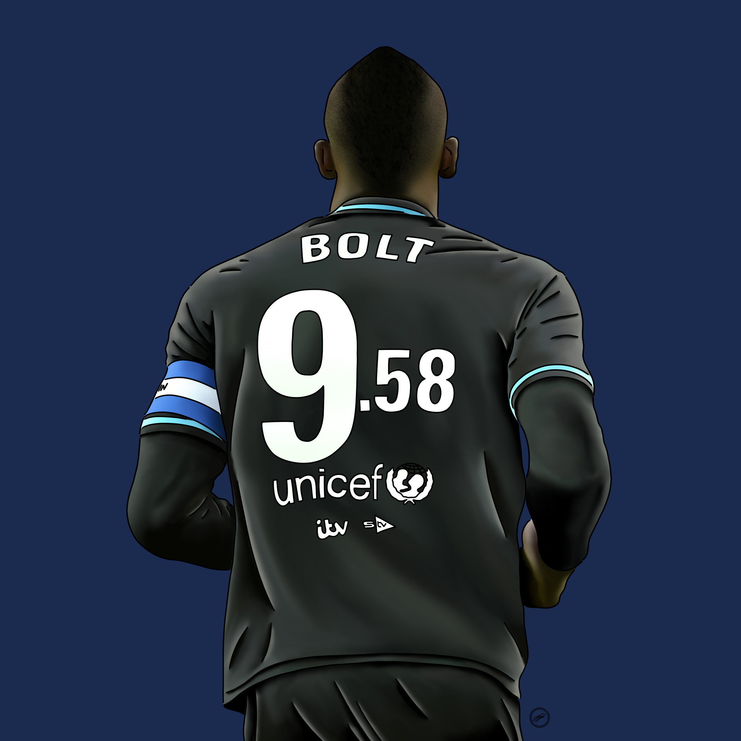 Back of a soccer player wearing a black jersey with the name 'Bolt' and the number '9.58' in white, with various sponsor logos, against a dark blue background.