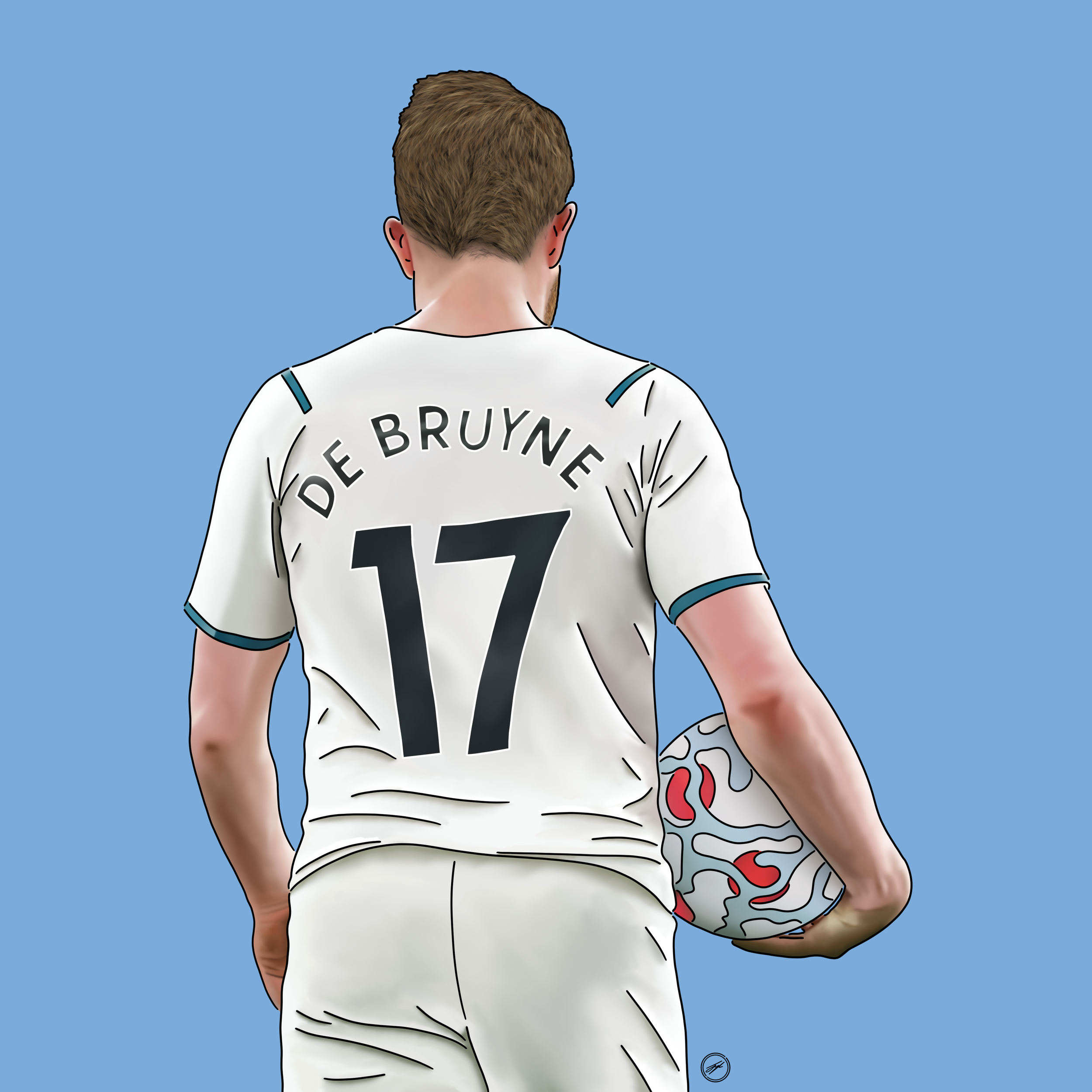 Digital illustration of a young man holding a soccer ball, seen from behind, wearing a white jersey with 'De Bruyne' and number 17 on it, against a blue background.
