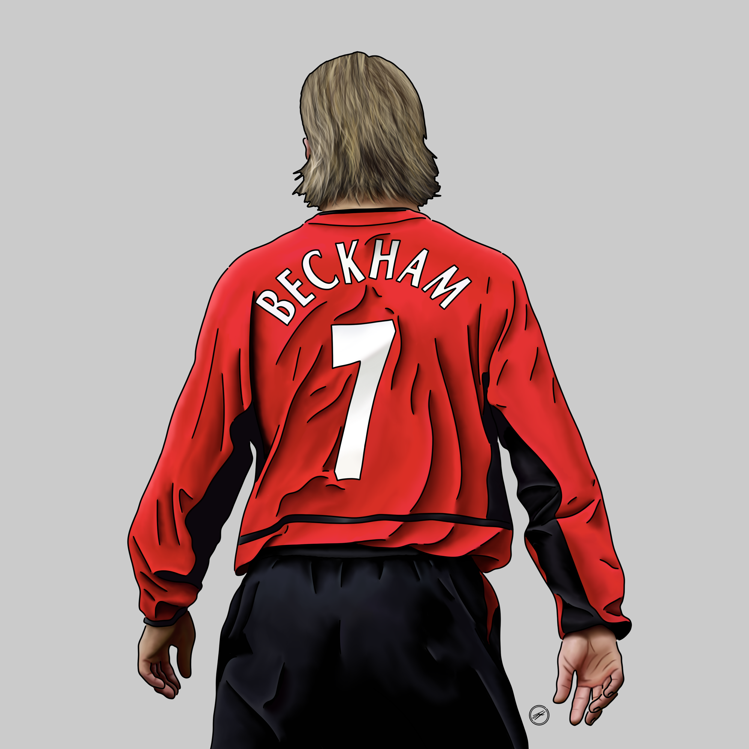 A person wearing a red and black sports jacket with 'Beckham' and the number 7 on the back, standing against a plain gray background