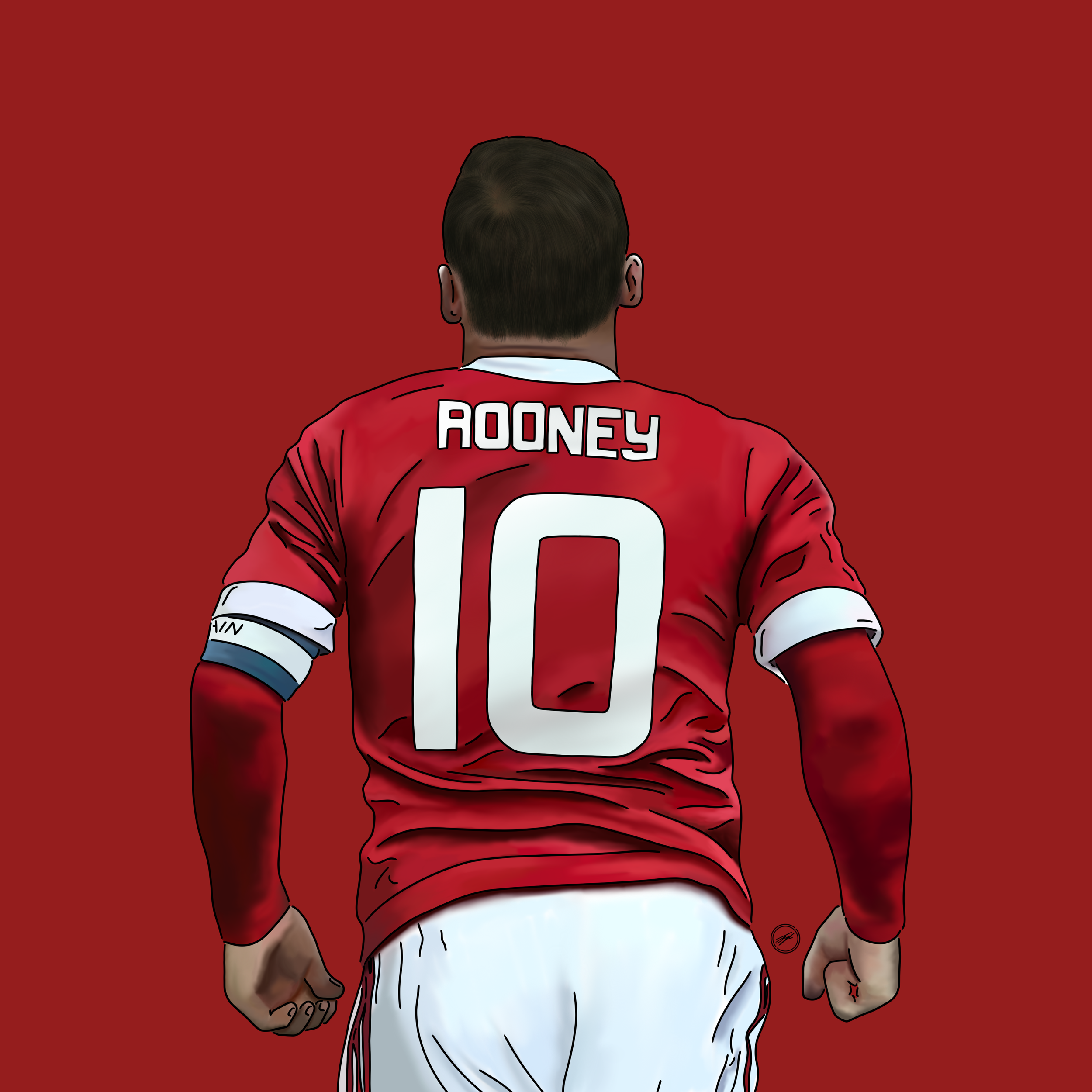 A football player seen from behind wearing a red jersey with the name 'Rooney' and the number 10, standing against a red background.
