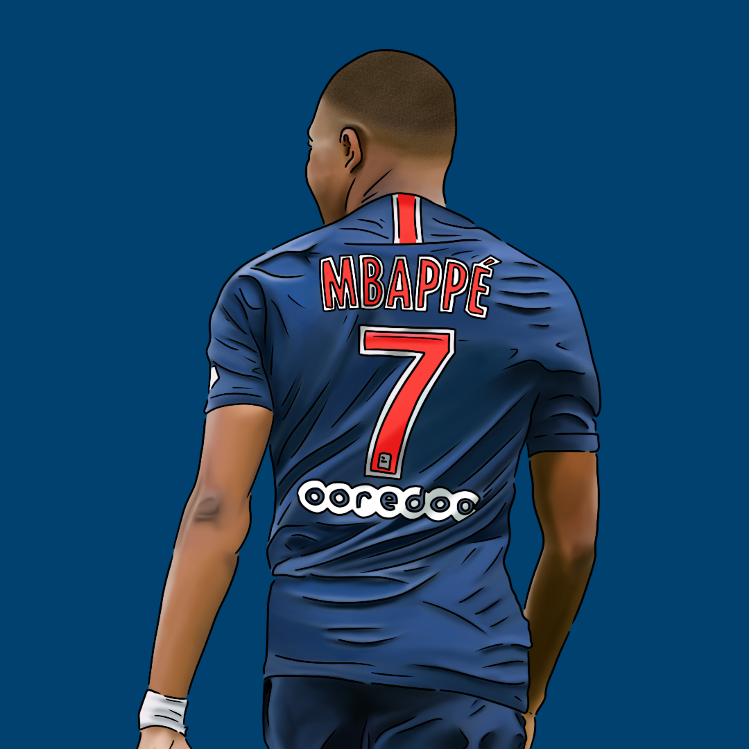 Illustration of a soccer player from the back, wearing a blue jersey with the name MBARAPÉ and the number 7, featuring the Paris Saint-Germain logo and Ooredoo sponsorship.