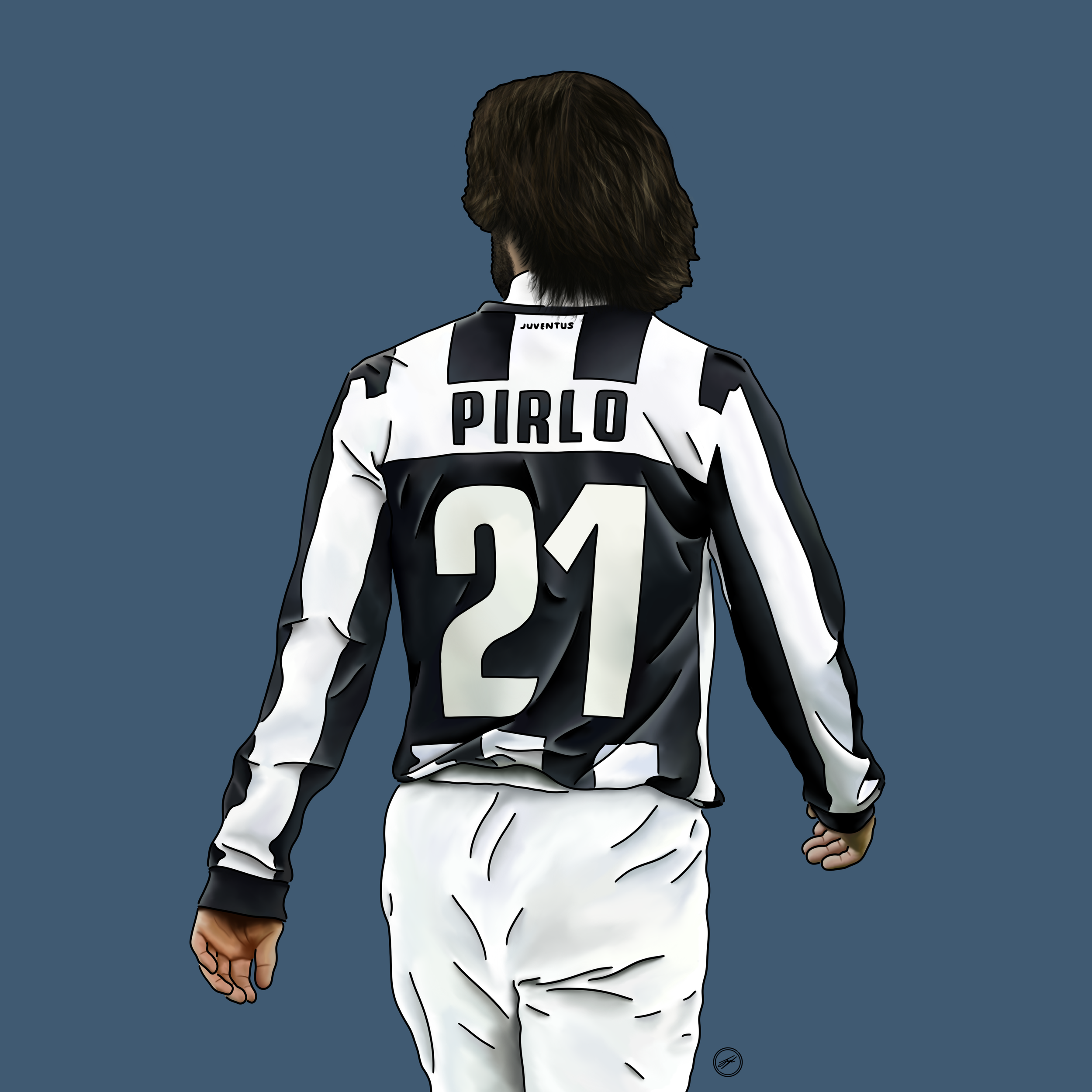 Digital illustration of a soccer player from behind, wearing a black and white striped Juventus jersey with the name "Pirlo" and the number "21" on the back, against a solid blue background.