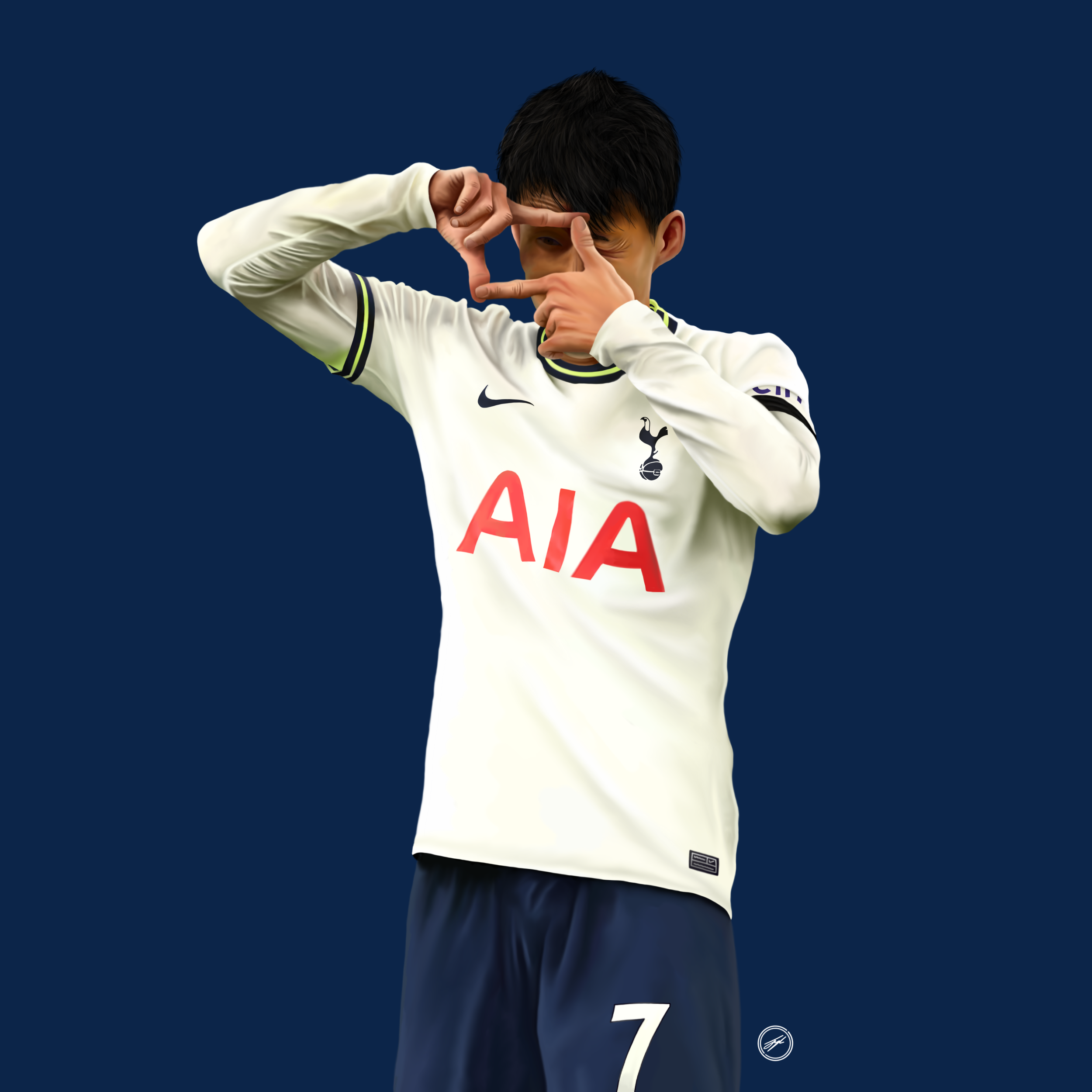 A male soccer player wearing a white jersey with 'AIA' logo and number 7, making a framing gesture with his hands against a dark blue background.