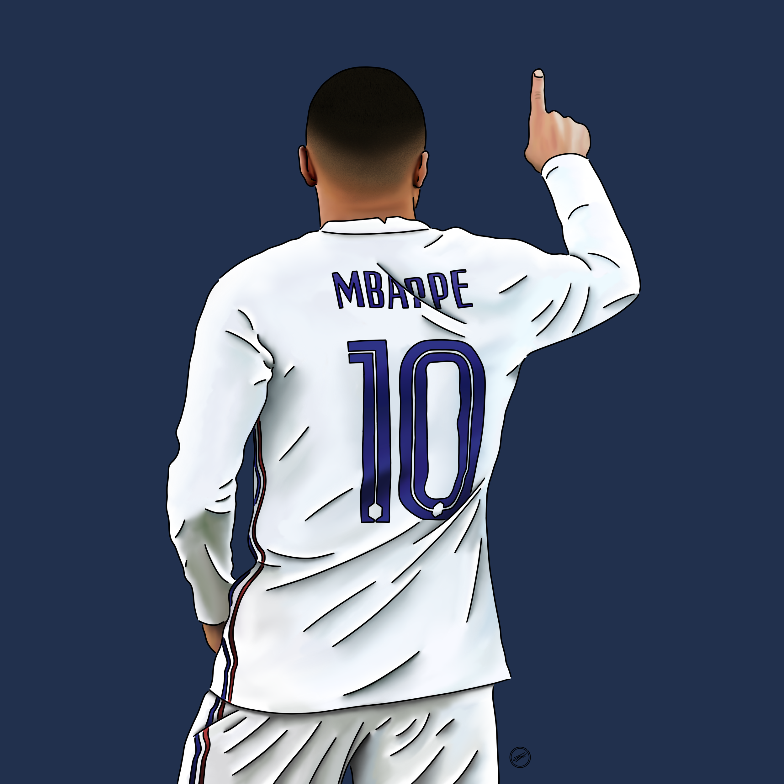 A digital illustration of soccer player Kylian Mbappé seen from the back, wearing a white jersey with the name 'MBAPPE' and the number '10' in blue on it, raising his right index finger against a dark background.