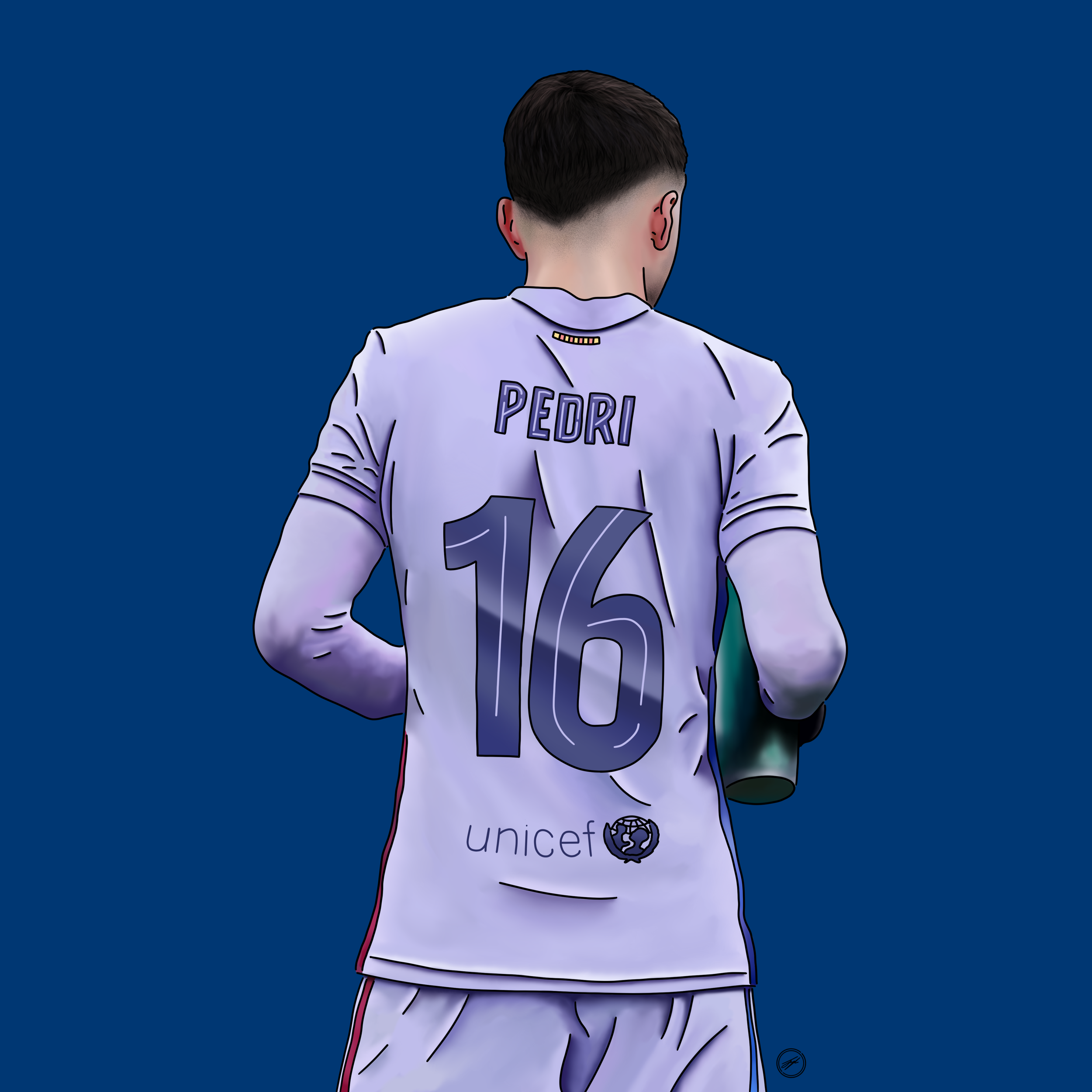 Digital illustration of a soccer player from behind, wearing a white jersey with the name 'PEDRI' and the number 16, holding a water bottle, against a plain blue background.