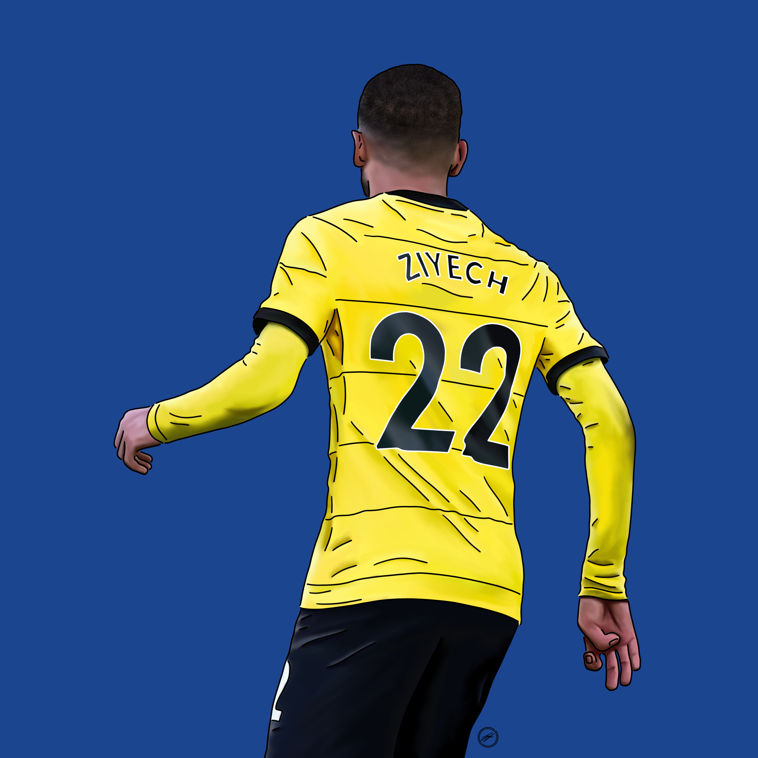 A digital illustration of a soccer player from behind, wearing a yellow jersey with the number 22 and the name Ziyech, against a solid blue background.