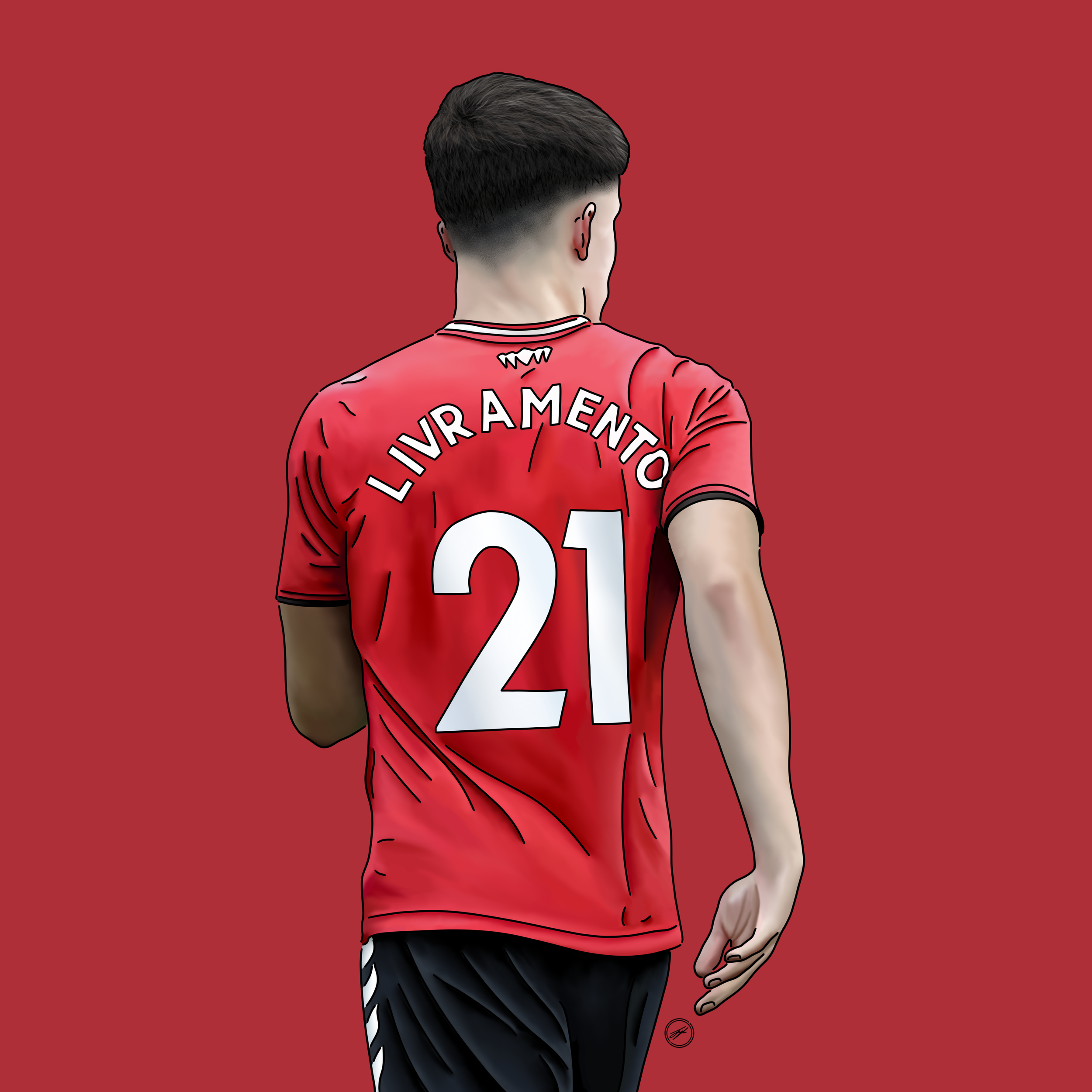 Back of a soccer player wearing a red jersey with the name 'LIVRAMENTO' and the number '21' on it, standing against a red background.
